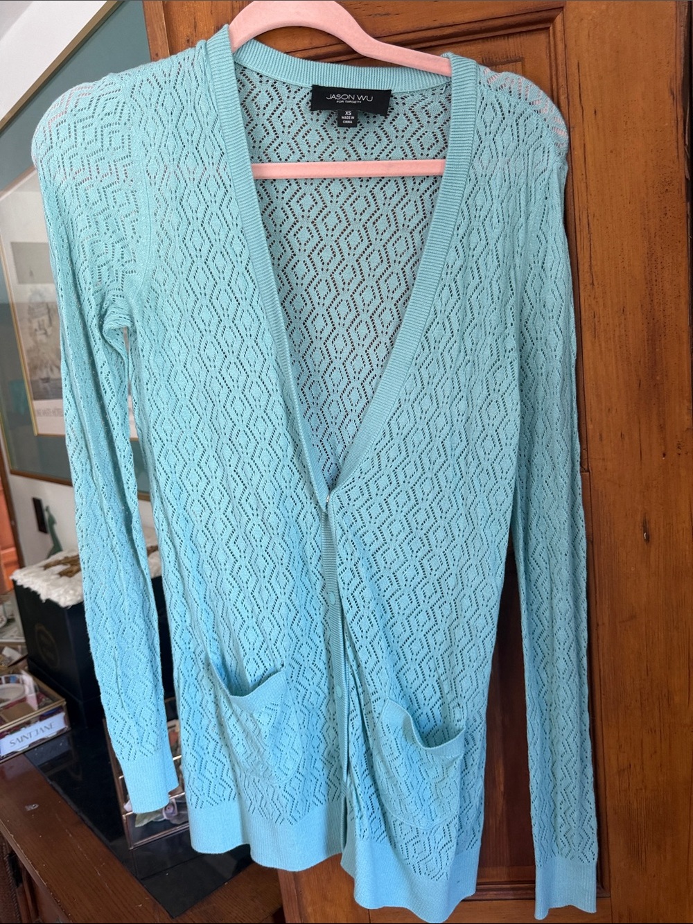 Jason Wu Aqua Open-Knit Long Sleeve Cardigan